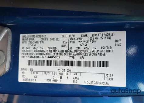 2019 Ford Escape Se z USA, uszkodzony, nr VIN 1FMCU0GD7KUA05052